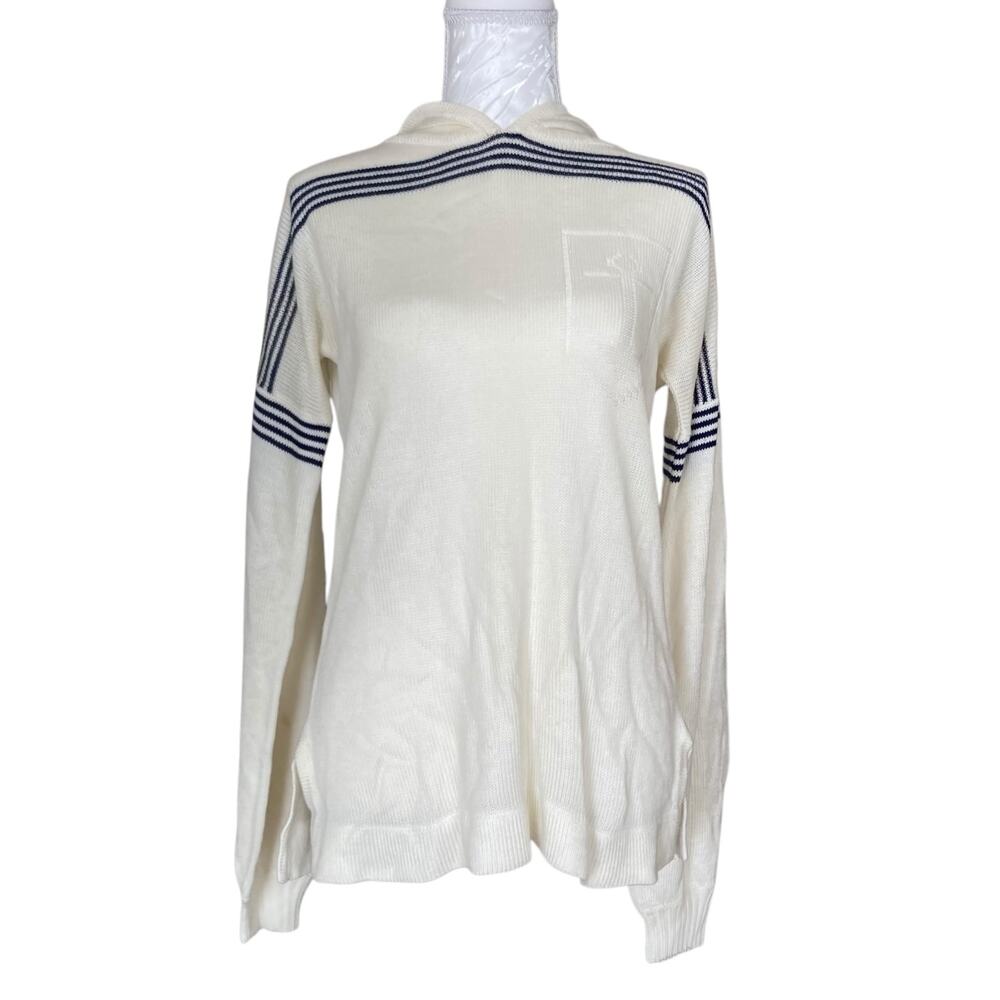 Vintage White Navy Stripe Knit Hoodie Sweater Embroidered Patch Womens Small - Picture 2 of 16
